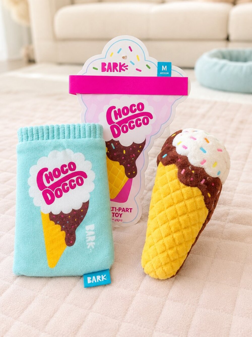 BARK Choco Doggo Ice Cream Multi-Part Dog Toy Squeaker Crinkle M NWT